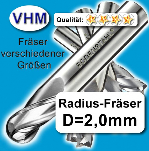 Radiusfräser VHM-Fräser, D=2mm, 2 Schneiden, Rundfräser, Vollhartmetall,