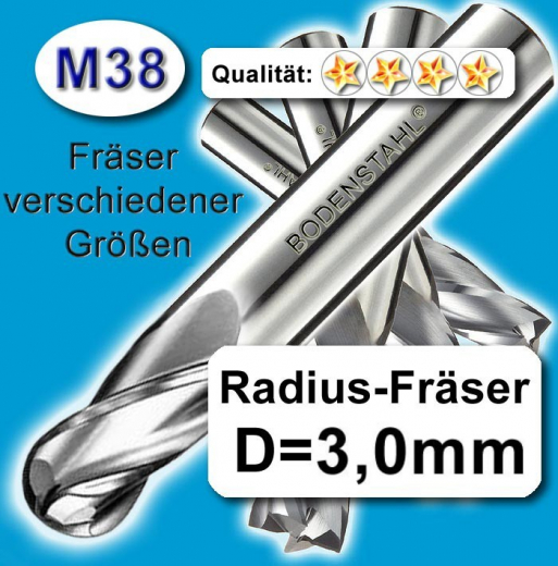 Radius-Fräser D3x6x9x75mm, 2 Schneiden, M38