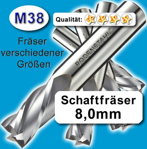 Metall-Fräser 8x8x38x82mm, 2 Schneiden, M38