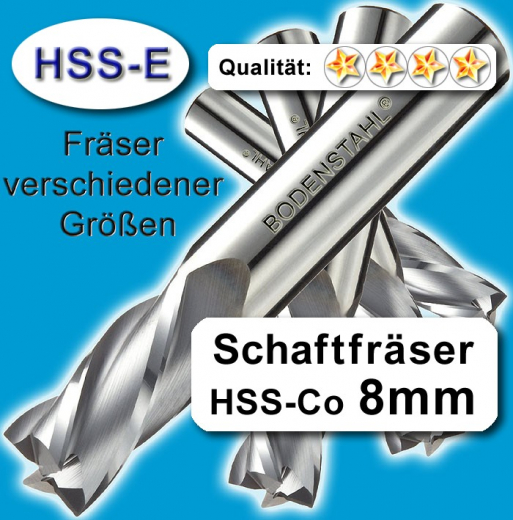 Metall-Fräser 8x8x19x63, 2 Schneiden, HSS-E