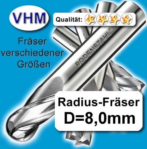 VHM Radiusfräser D8 x 8 x 16 x 60mm, 2 Schneiden, TiAlN