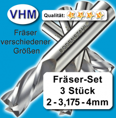VHM Fräserset 2 - 3,175 - 4mm, Schaftfräser, Vollhartmetall, 3 Stk, f. GFK, MDF