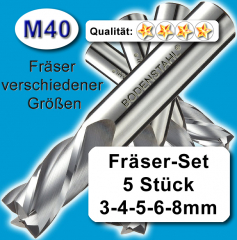 Fräsersatz M40: 3 - 4 - 5 - 6 - 8mm für Edelstahl, Alu, Messing, Holz; wie HSS-E