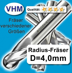 VHM Radiusfräser D4 x 4 x 22 x 44mm, 2 Schneiden