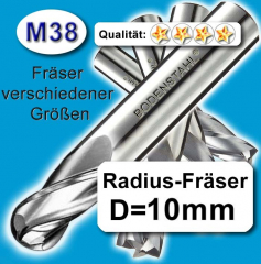 Radius-Fräser D10x10x22x72mm, 2 Schneiden, M38