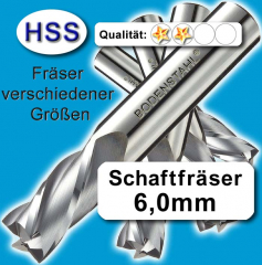 Fräser, 6 x 57mm, 4 Schneiden, HSS, Schaftfräser für Metall, Kunststoff etc.