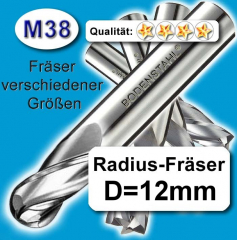 Radius-Fräser D12x12x26x120mm, 2 Schneiden, M38