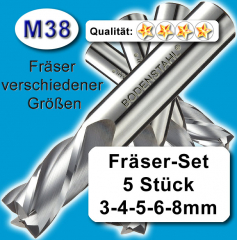Metall-Fräser Set 3-4-5-6-8mm, 5 Stück, M38, vergl. HSSE, HSS-E